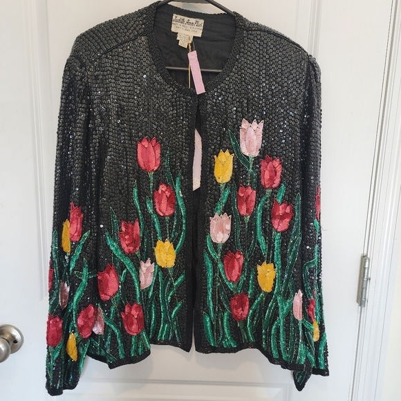 Judith Ann Creations Jackets & Blazers - NWT JUDITH ANN PLUS Tulips Black Sequin Beaded Silk Jacket Blazer Women's 3X New